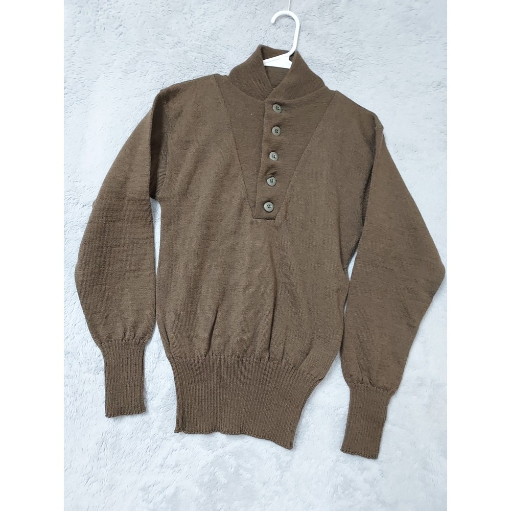 Vintage US Military Sweater Mens Medium 100% Wool 5 Button High Neck Brown